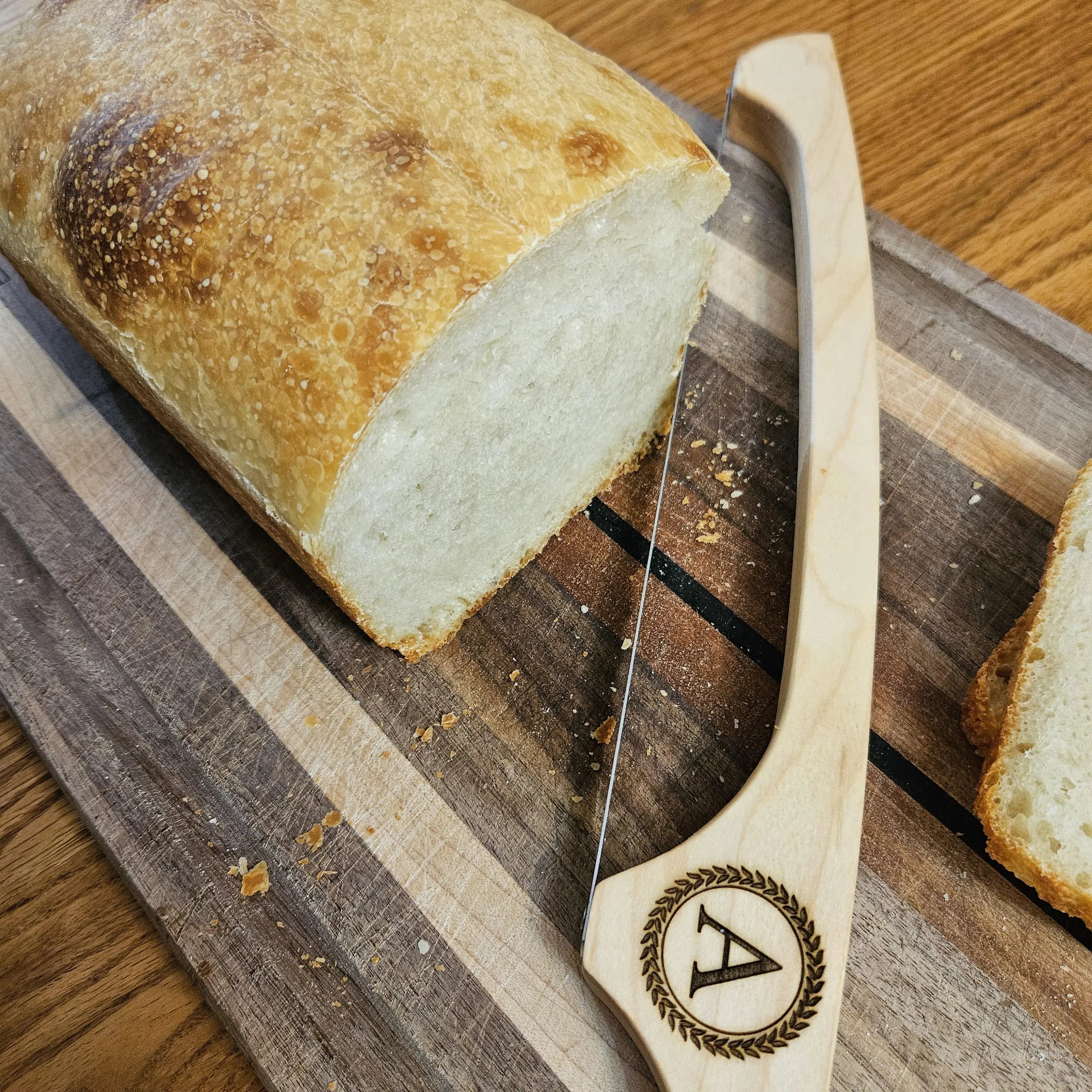 Wooden sourdough bread knife, Handmade baguettes bow knife, Natural Rustic hardwood serrated knife