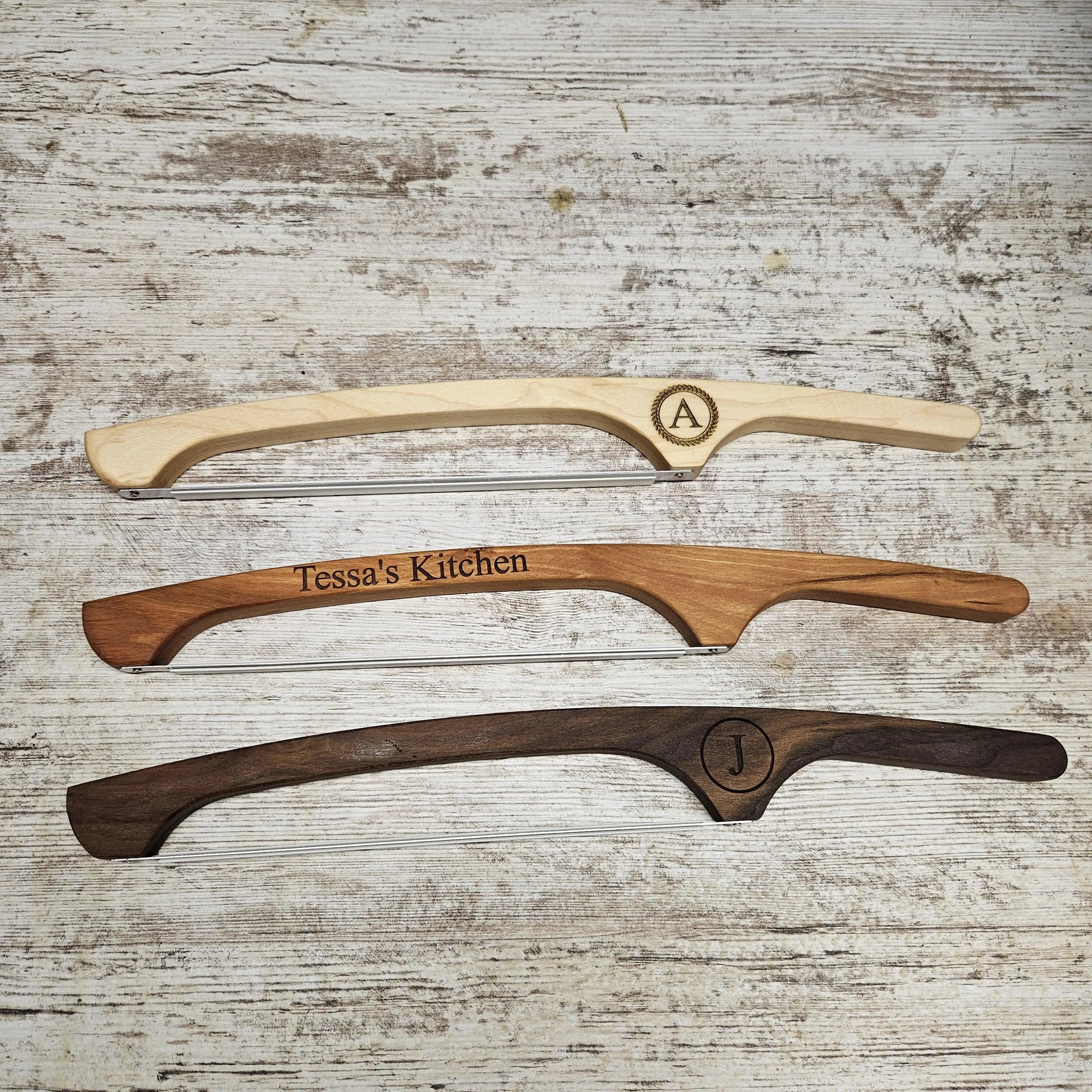 Wooden sourdough bread knife, Handmade baguettes bow knife, Natural Rustic hardwood serrated knife